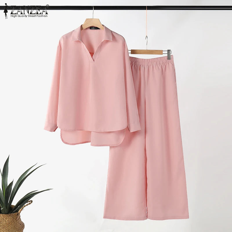 ZANZEA Fashion Women Casual Trousers Suits 2PCS Autumn Long Sleeve Blouse Solid Wide Leg Pants Sets Loose Work Tracksuit Outifit