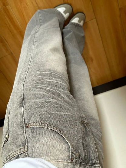 Vintage Wide-Leg Jeans Grey American Style Straight-Leg Casual Pants For Women Loose Fit Draped Spring Autumn 2024 New Arrival.