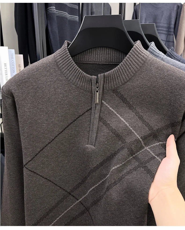 Men's New Thickened Turtleneck Knitwear Autumn Winter New Zipper Solid Color Sweater Middle Aged Warm Knit Top.