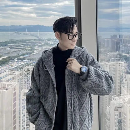 Men's Fashionable Simple Zip-Up Knit Cardigan with Hood - Korean Style Twisted Texture Warm Outerwear for Autumn & Winter.