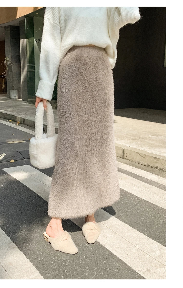 Autumn Winter New Knit Long Skirt Women Casual Thick Korean High Waist Soft A-Line Skirt.