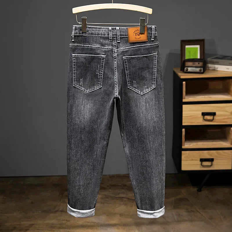 2024 New Spring Autumn Men's Nine-Point Pants Slim Jeans Fashion Casual Denim Trousers Smoke Gray Blue Gray Brand Clothing.
