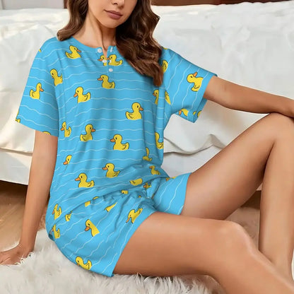 Benutzerdefinierte Frauen Gelb Klassische Gummi Ente Pyjamas Set Gedruckt Zwei-stück Pj Sets Kurzarm Nachtwäsche Loungewear