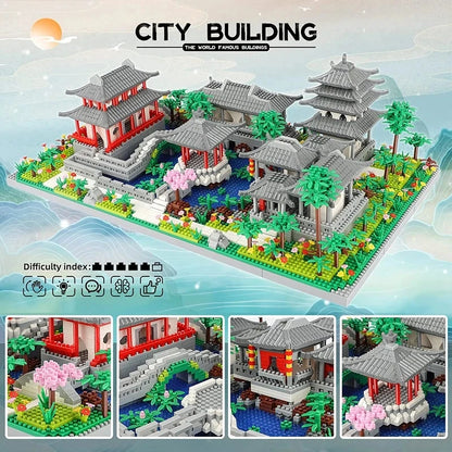 Lezi Architecture Ancient Pavilion Temple Tower Lake Garden Gate LED Light Model Mini Diamond Blocks Bricks Building Toy no Box.