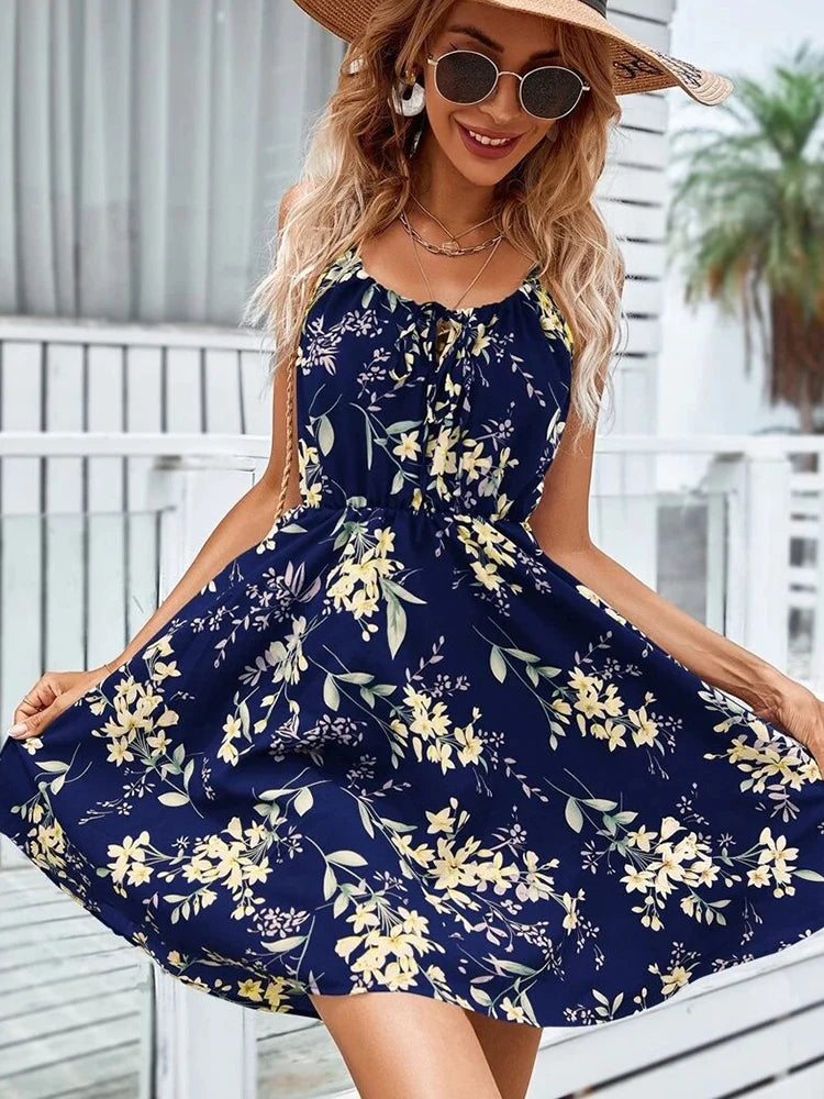 kleid damen,Sexy Blumendruck kurzes Kleid Frauen Sommermode schwarz rückenfrei Strand Sommerkleid lässig ärmellos Schnürung neu in Kleidern 2024.