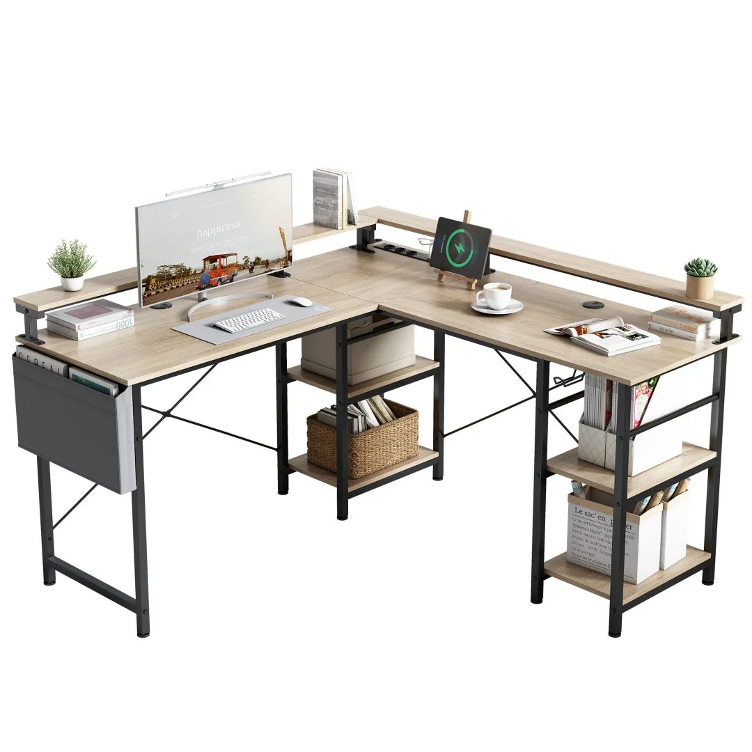 Eckschreibtisch mit Doppelablage L-förmig Computer Tisch mit Regal und Haken höhenverstellbar 140cm