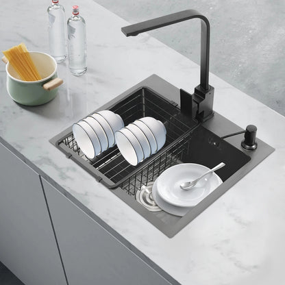 Schwarzes Küchenspülbecken-Set, Spüle aus Edelstahl 30 mit großem Fassungsvermögen und drehbarem Wasserhahn, Keramik-Ventilkern, geruchsfestes Spülbecken