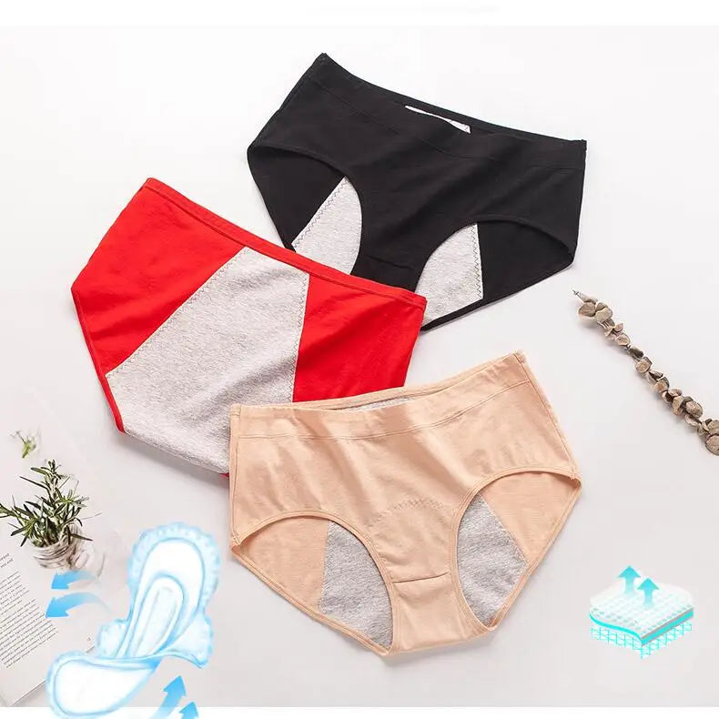 3 Pcs Women's Cotton Briefs Menstruation Underwear Leak Proof Sanitary  With Menstrual Bamboo Fancy Low Waist Slimming Panties.