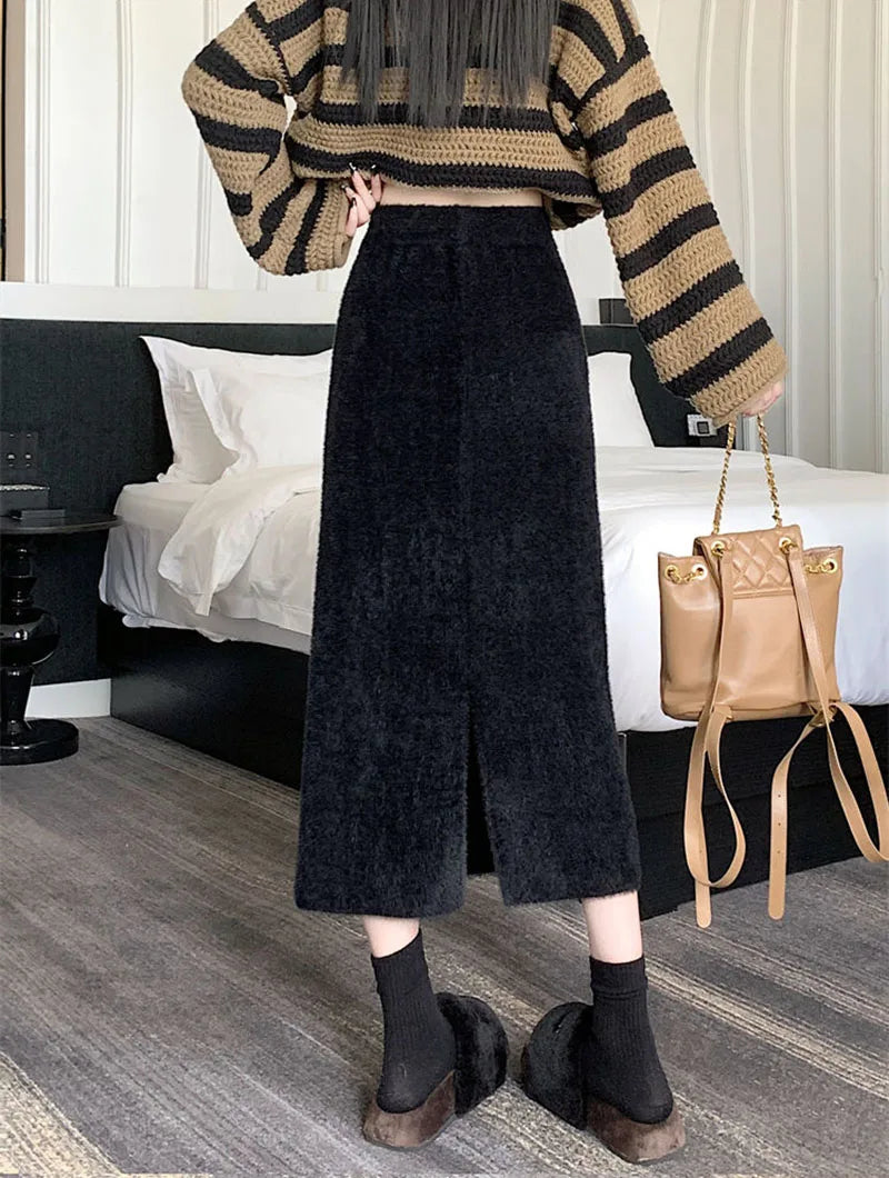 Korean Imitation Mink Plush Knitted Skirts Women Autumn Winter Thick Soft Split Pencil Skirts Elegant High Waist Bodycon Skirt.