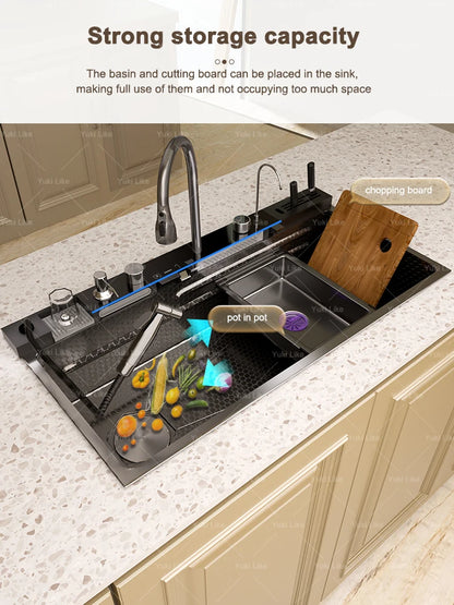 Waterfall Stainless Steel Kitchen Sink Intelligent Digital Display Faucet Large Single Slot Dishwash Bowl Wash Vegetables Basin