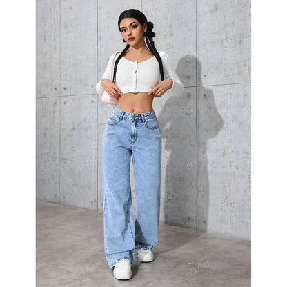 Fashionable Loose Women's Jeans High Waist Straight Leg Summer New Style Printed Trendy Cross-Border Denim Pants.