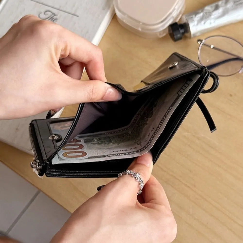 YK2 Strap Bow Women Wallets Short Wallets Card Holder Folding Zipper Coin Purse Girl PU Leather Coin Pouch Casual Clutch Bag.