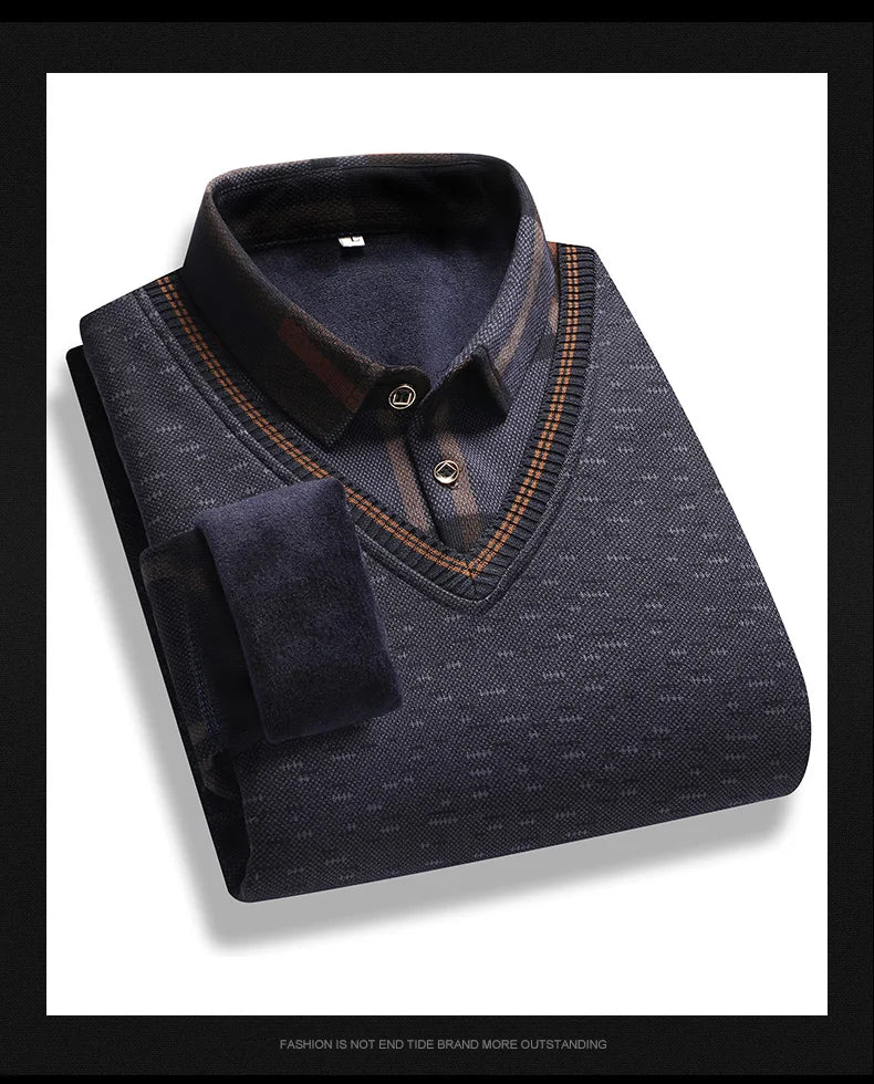 New Autumn Winter Sweaters Men's Velvet Pullover Knitted Bottom Shirts Men's Polo Pullover Wine Red Fleeced Knitwear.