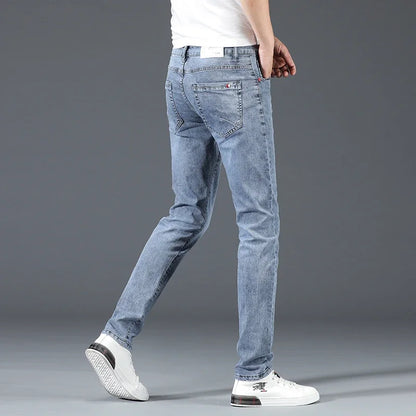 2024 New Men's Cotton Business Casual Skinny Jeans Trendy Fashionable Stretch Straight Slim Denim Trousers Male Blue Grey.