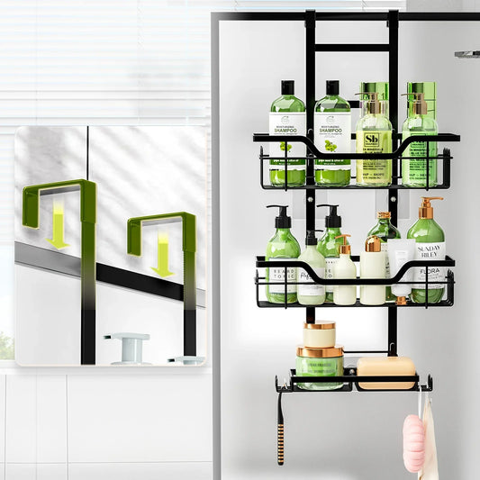 Bohrfreies Badezimmerregal über der Tür, hängender Organizer, wandmontiertes Korbregal, mehrschichtiges Duschraum-Aufbewahrungsregal für Toilette