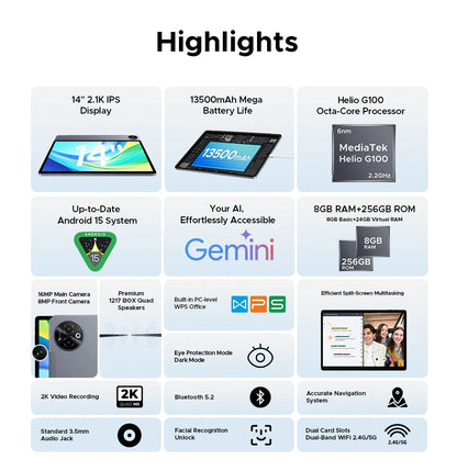 Doogee Tab E3 Max 2 in 1 Tablet Pc 14" 2.1K Display Android 15 32Gb (8+24) 256Gb 13500Mah Battery Qual Speaker Helio G100 Tablet.