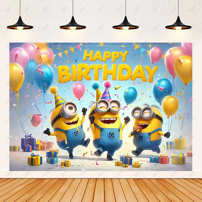 Cartoon M & Minions Geburtstag Party Dekoration Einweg Geschirr Tasse Teller Tischdecke Luftballons Gelb Große Augen Hintergrund Banner