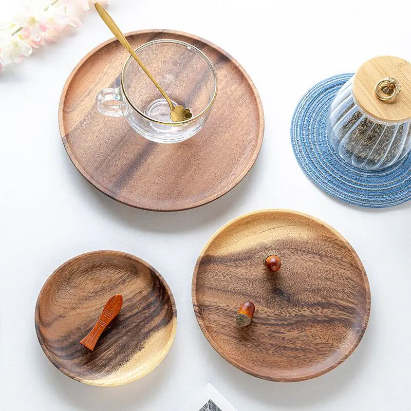 Wooden Trays Round Storage Plate SolidWood Coffee cup Mat KitchenDecorative Plate Fruit Bread TablewareHome Decoration.