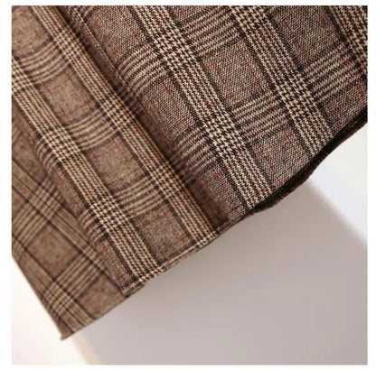 Khaki Plaid Vintage A-line High Waist Lace Up Buttons Loose Women's Skirt Mid-Calf Long Skirts For Women Clothing Fashion 2024.