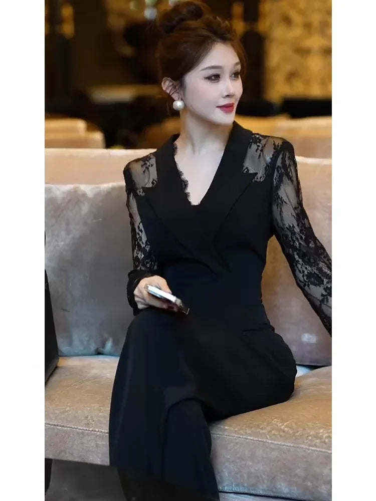 Luxury Elegant Lace Patchwork Black Jumpsuit Women Summer High Waist Long Sleeve Jumpsuits Combinaison Femme Overalls.