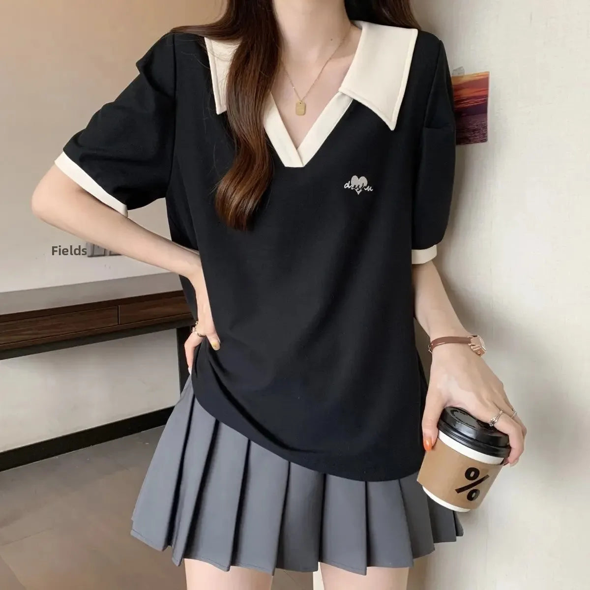 Plus Size Women's Casual Polo Neck Short Sleeve T-Shirt Slimming Belly Cover Summer Age Defying Shoulder Level Top.