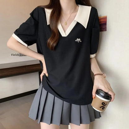 Plus Size Women's Casual Polo Neck Short Sleeve T-Shirt Slimming Belly Cover Summer Age Defying Shoulder Level Top.