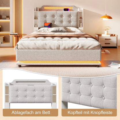 140*200cm Polsterbett mit LED-Lichtleiste und mehreren Ablagefächern, für Schlafzimmerwäsche, Beige (ohne Matratze)