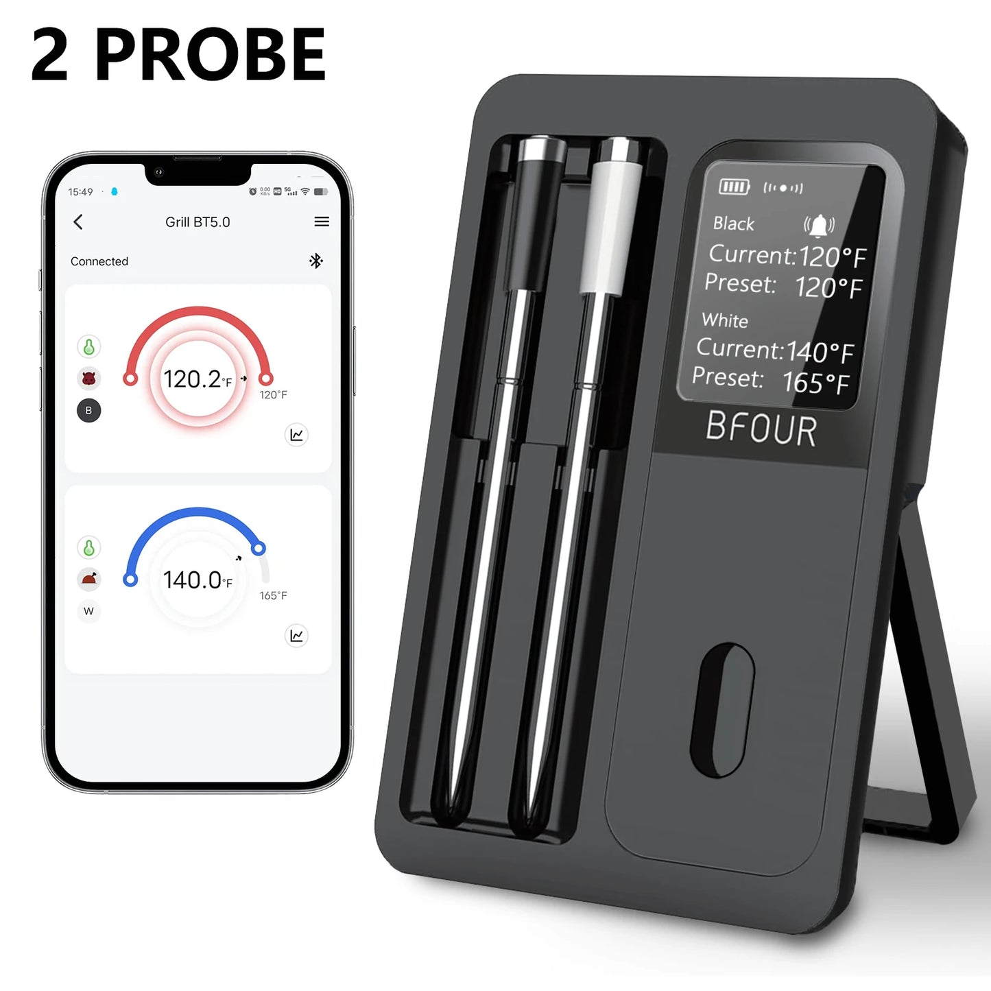 Wireless Bluetooth Meat Thermometer IP67 Waterproof Probes with LCD Screen Booster Rechargeable for Grilling Smoker BBQ Oven