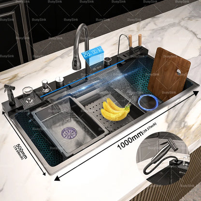 Küchenspüle aus Edelstahl mit Wasserfall, extra große Einzelschüssel, Digitalanzeige, multifunktionale Geschirrspülbecken