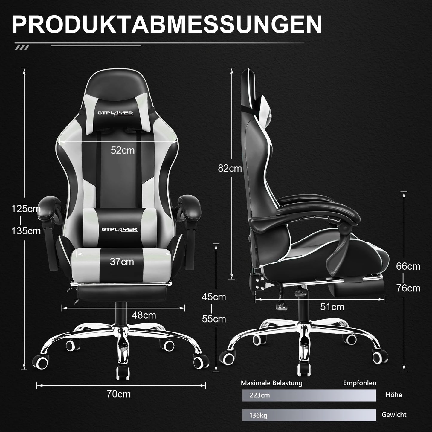GTPLAYER Gaming Stuhl mit Massage, Ergonomischer Schreibtischstuhl mit Fußstütze, Kopfstütze, Drehstuhl für Büro und Gamer