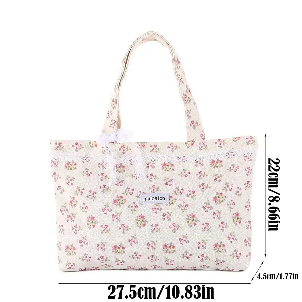 Large Capacity Printed Tote Bag Fashion Sweet with Lace Bow Storage Handbags Canvas Handbag.