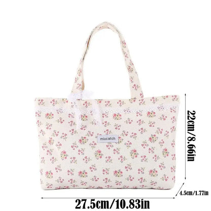 Large Capacity Printed Tote Bag Fashion Sweet with Lace Bow Storage Handbags Canvas Handbag.