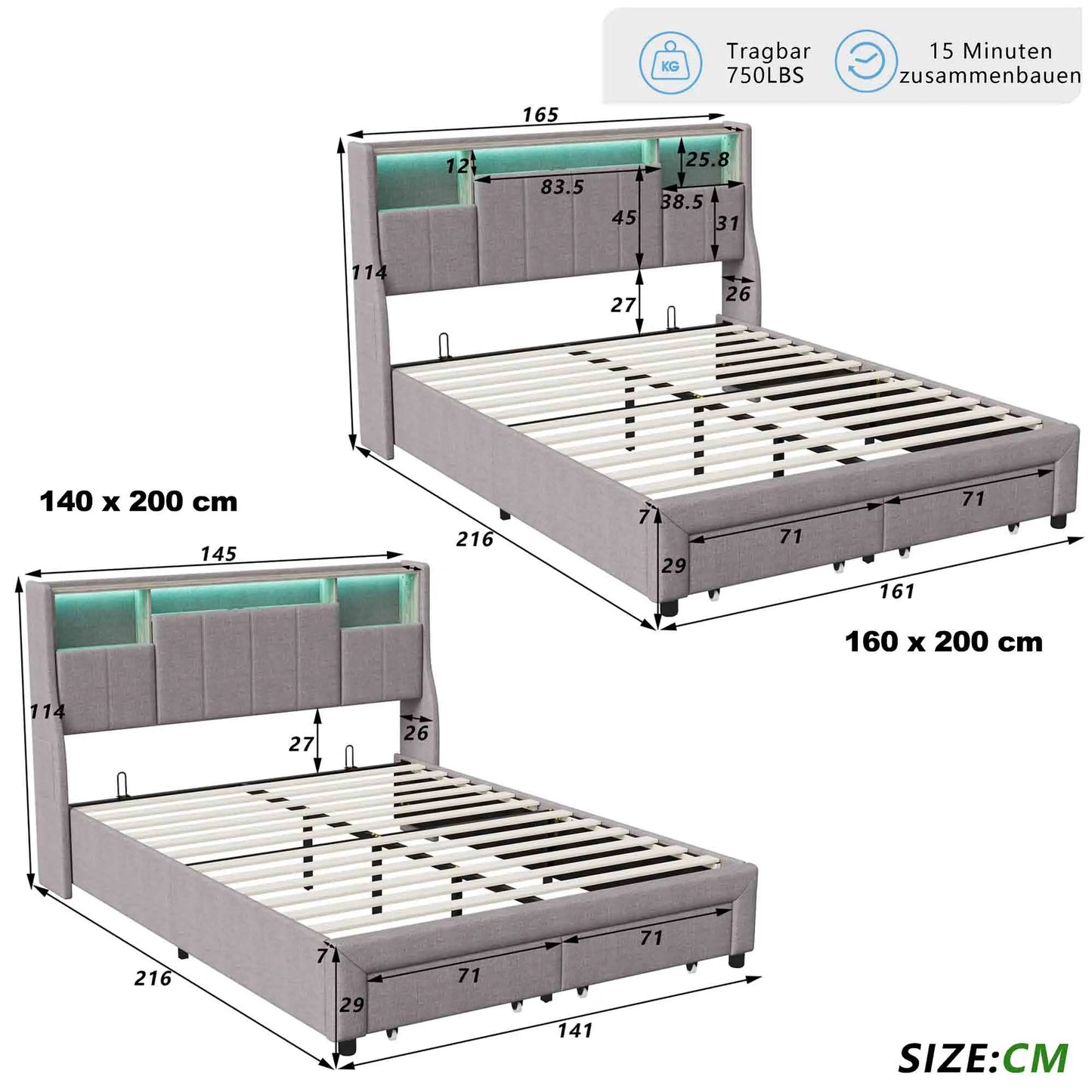 Lazyspace Leinen-Polsterbett, Doppelbettgestell mit Stauraum, Kopfteil und 2 Schubladen, 140/160 x 200 cm, Grau