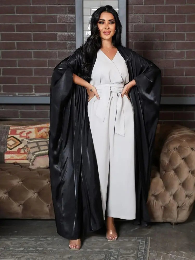 Ramadan Dubai Pink Satin Modest Open Butterfly Batwing Kimono Abaya Cardigan Islam Muslim Dress For Women Kebaya Robe Musulmane