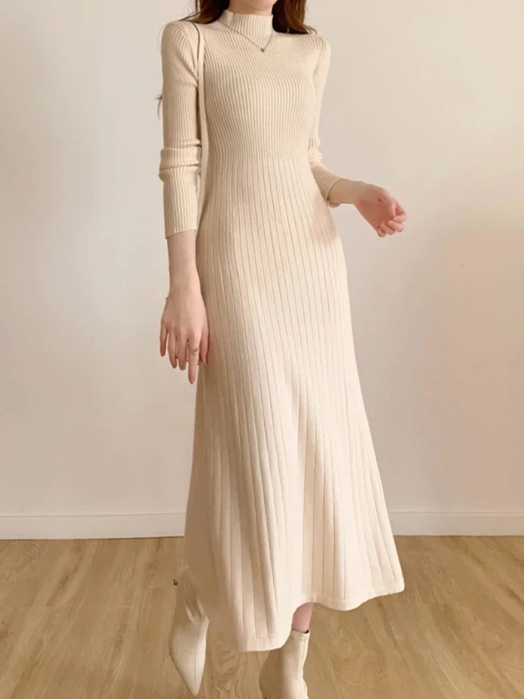 Herbst Winter 2023 Schlank Langarm Party Midi Kleid für Frauen Gestrickte Halb Hohen Kragen Elegante Gestrickte Pullover Kleider Damen.
