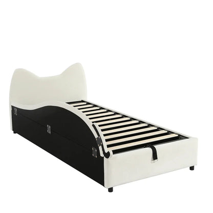 Polsterbett, Einzelbett, süßes Katzendesign, hydraulisches Bett mit Stauraum und Gürtelgriffen, stabiler Gitterrost, 90 x 200 cm