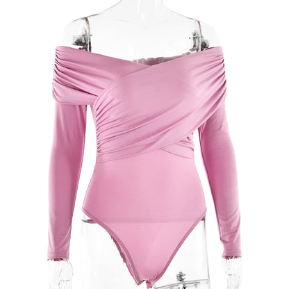 New Solid Sexy Off Shoulder Bodysuits Women Fashion Crossed Folds Skinny Rompers Long Sleeve Fashion Streetwear Autumn Bodysuits