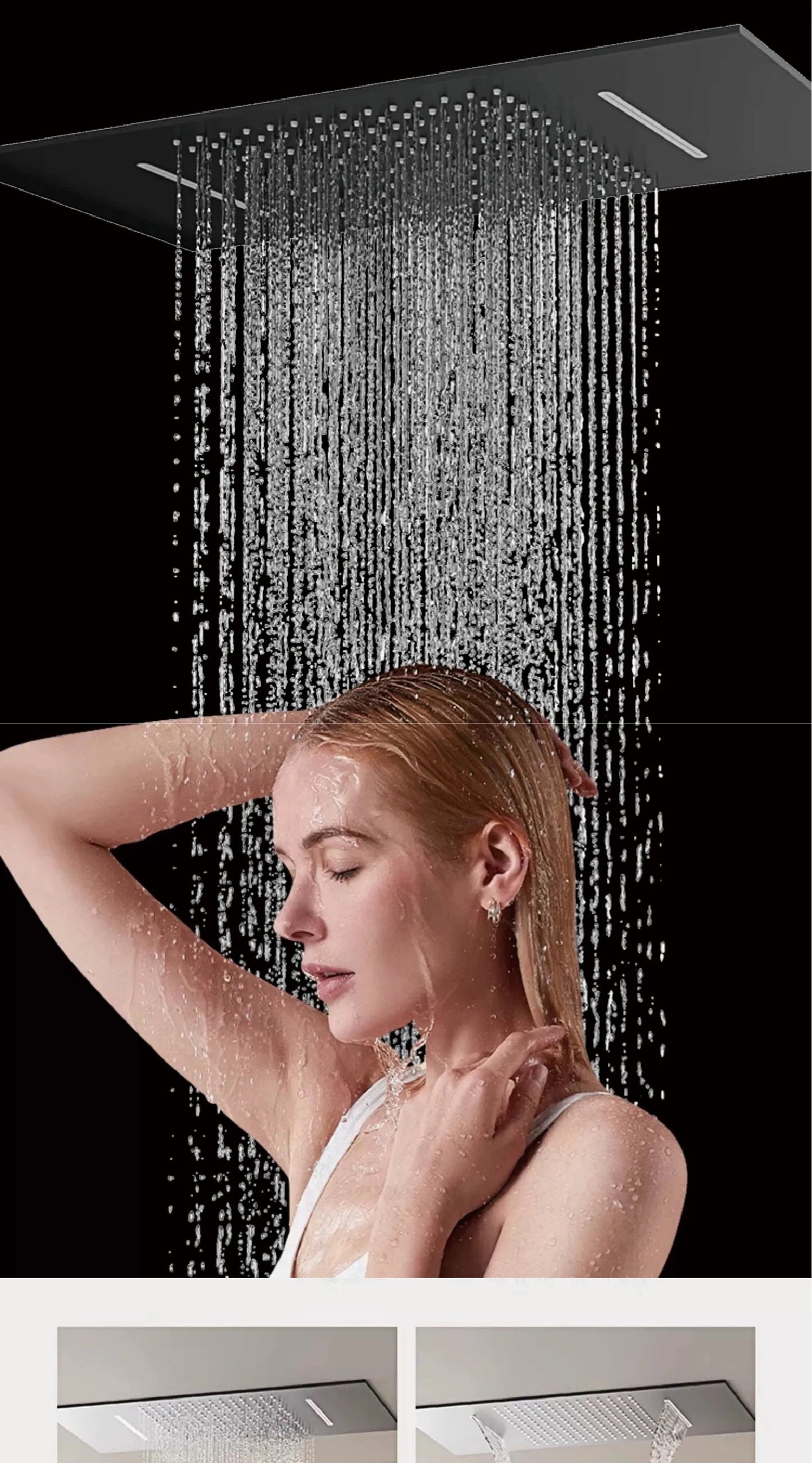 Deckenmontiertes thermostatisches LED-Digitalanzeige-Duschsystem. Eingebetteter Badmischer aus Messing im Wasserfallstil für heißes und kaltes Wasser