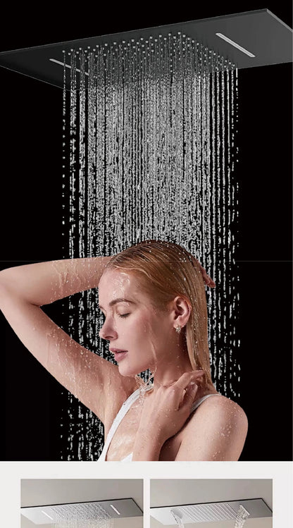 Deckenmontiertes thermostatisches LED-Digitalanzeige-Duschsystem. Eingebetteter Badmischer aus Messing im Wasserfallstil für heißes und kaltes Wasser