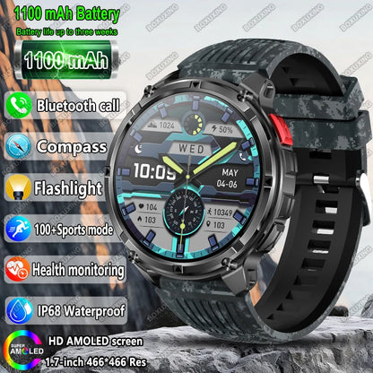 2025 New Military T-Rex 3 Smart Watch Men 1100mAh Battery AMOLED  IP68 Waterproof Outdoor Compass Bluetooth CallSport Smartwatch