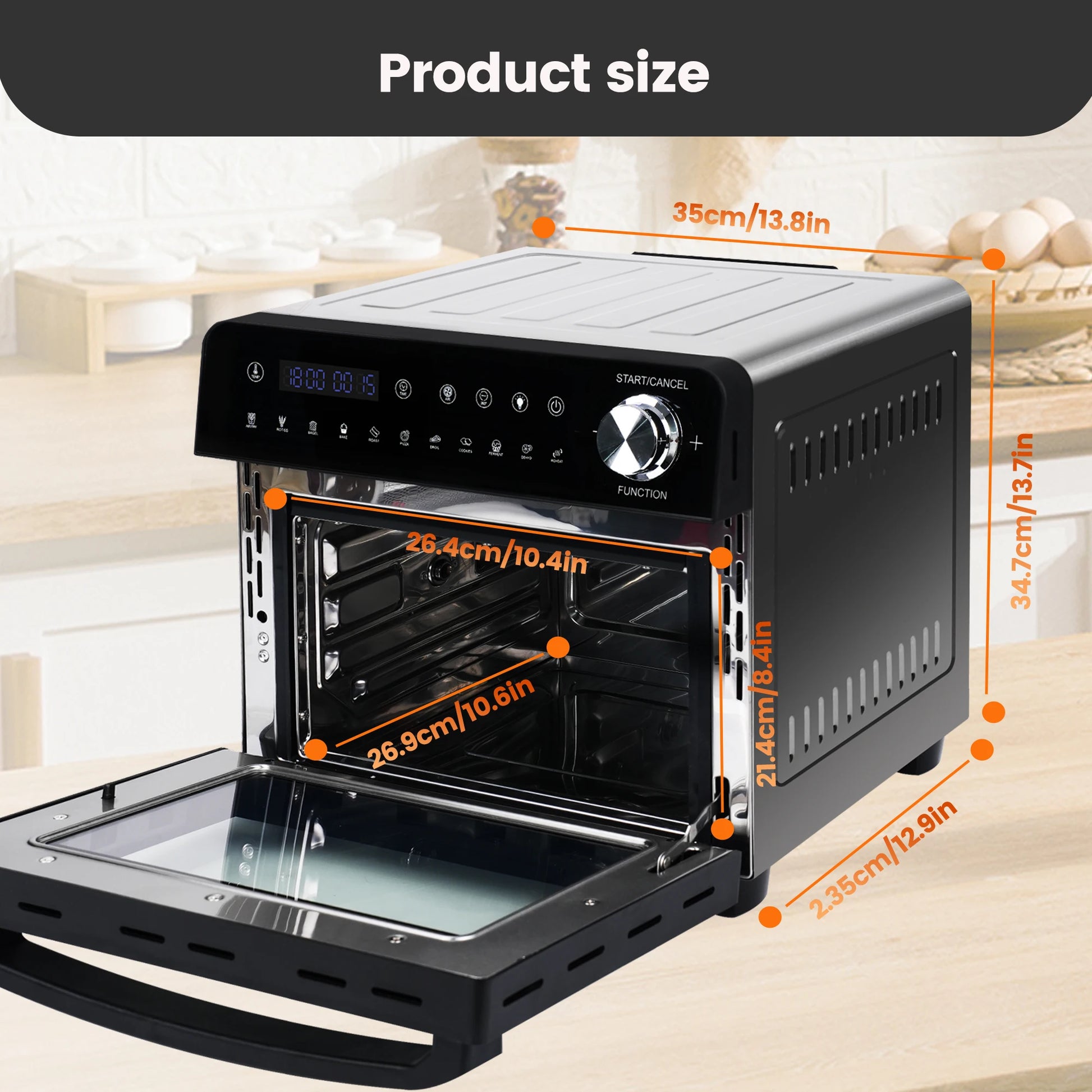 Hot Air Fryer 14L XXL Airfryer Mini Oven 1800W with 11 Programmes LED Screen, 5 Accessories Including Rotisserie and Recipe Book.