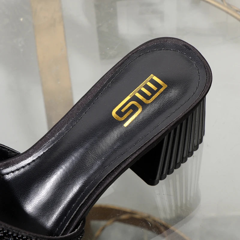 High-heeled slippers 2024 summer fashion new thick with square head luxurious ladies slippers coarse heel 6CM.