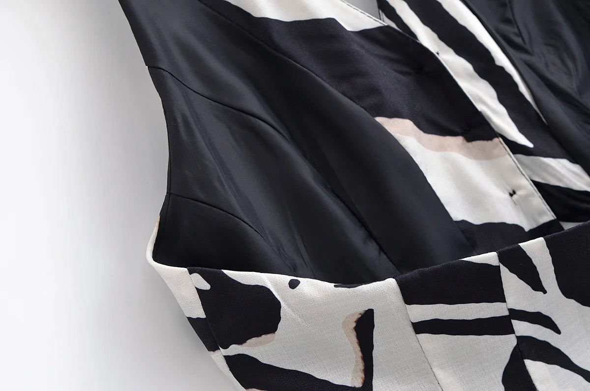 HH Women Pants Suit Fashion Zebra Stripes Single Breasted Sexy Sleeveless V-Neck Top+High Waist Zipper Casual Wide Leg Pants