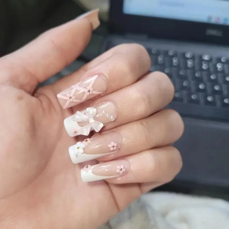 24Pcs Ballet Square Pink Press on Bow Nails 3D Flower with Bandage Design French Nail Tips for Women&Girls Daily,Spring wear.