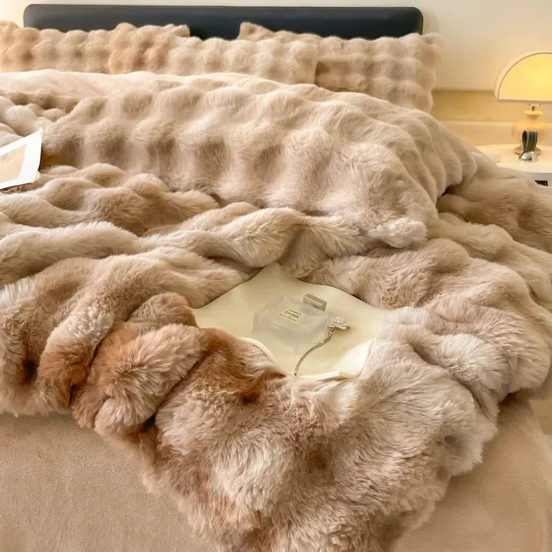 4pcs Grey Rabbit Fur Bedding Set Thick Milk Plush Winter Duvet Cover Warm Bed Sheets, Queen Size Four Piece Set  Bedroom Decor