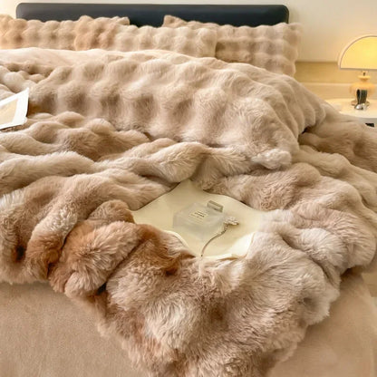 4pcs Grey Rabbit Fur Bedding Set Thick Milk Plush Winter Duvet Cover Warm Bed Sheets, Queen Size Four Piece Set  Bedroom Decor