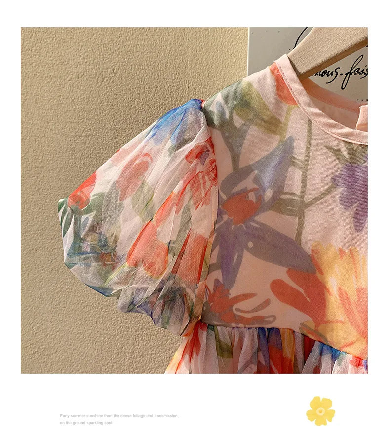 2023 sommer Kinder Kleidung Puff Sleeve Blumen Druck Kleid Für Mädchen Mesh Kinder Kleid für Mädchen