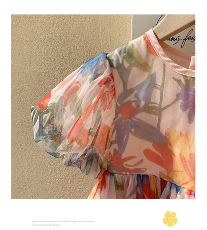 2023 sommer Kinder Kleidung Puff Sleeve Blumen Druck Kleid Für Mädchen Mesh Kinder Kleid für Mädchen