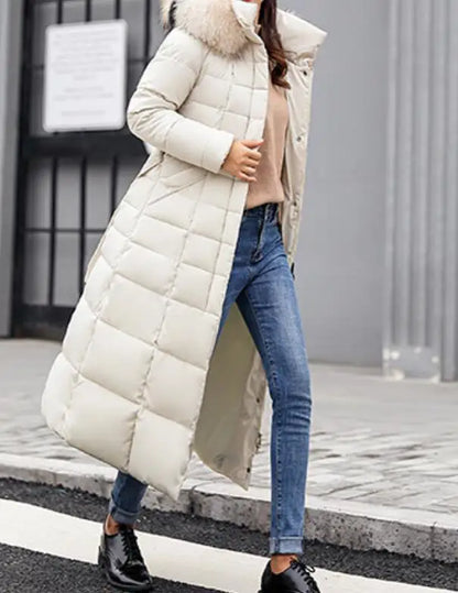 Neue Wintermode Langarm Pelzkragen Reißverschluss Einfarbig Slim Fit Lange Version Dicke Daunenjacke Mit Kapuze Für Frauen, 6 Farben.