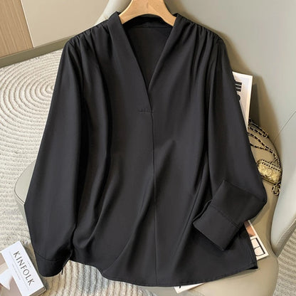Big Size Women Shirts 2025 Spring Autumn Long Sleeve Office Lady V-Neck Solid Color Blouses Elegant and Youth Woman Tops